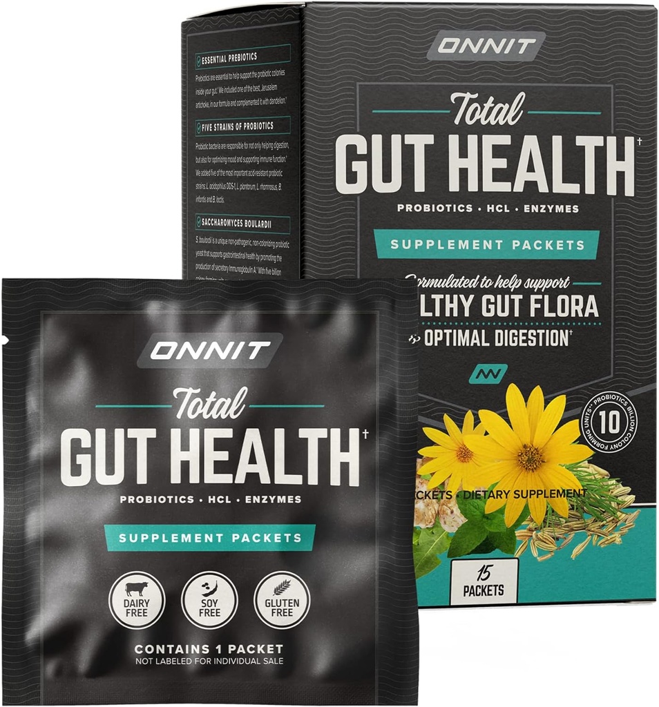 Onnit Total Gut Health: Daily Prebiotic, Probiotic, and Digestive Enzyme Packets (15 Pack)
