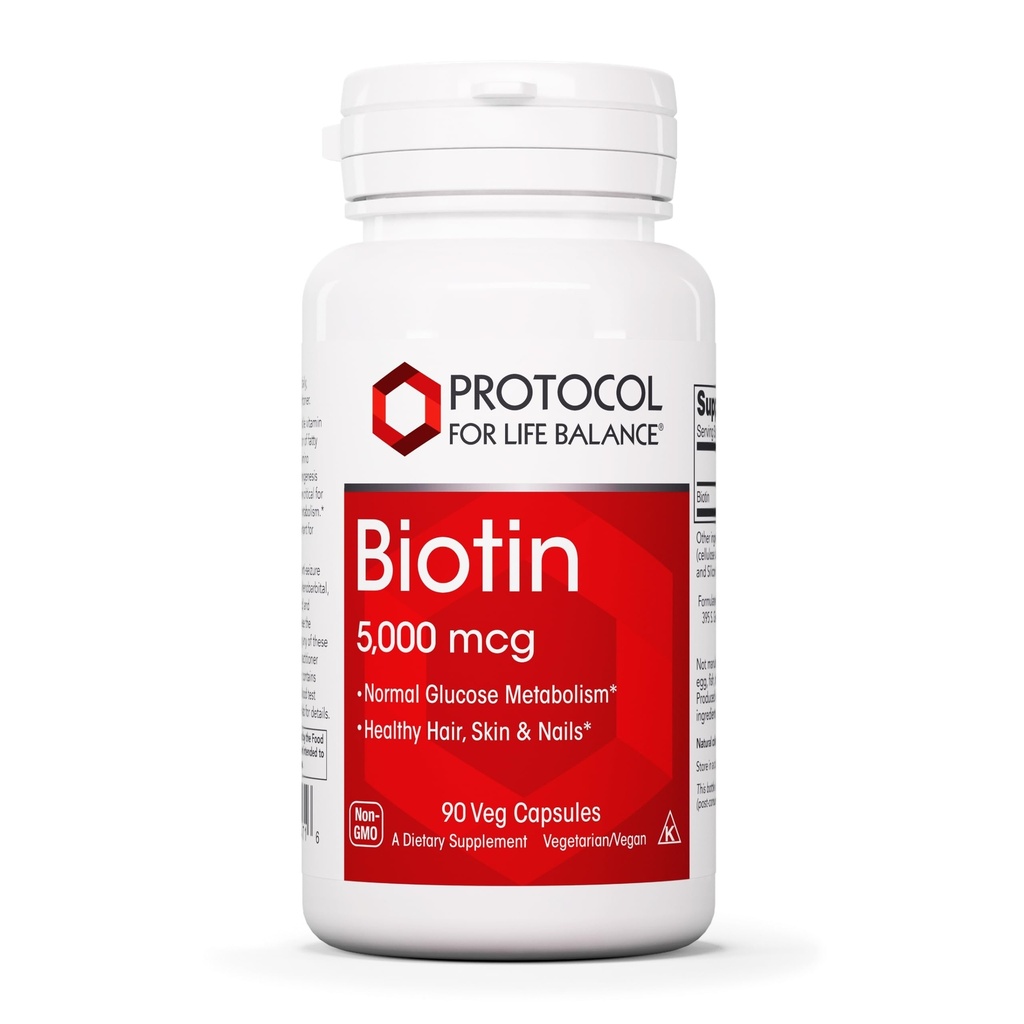 PROTOCOL FOR LIFE BALANCE Biotin 5,000 mcg, Hair, Skin & Nails, 90 Veg Caps | Vitamin B7 Supplement, Hair, Skin, Nails Support*, for Carb Metabolism* and Cell Growth* and Biotin Vitamin B Capsules