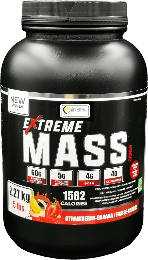 Extreme Mass Gainer Muscle Builder, 5 lb (2.27 kg) Low Sugar high Calories for Intense Workouts (Strawberry-Banana)