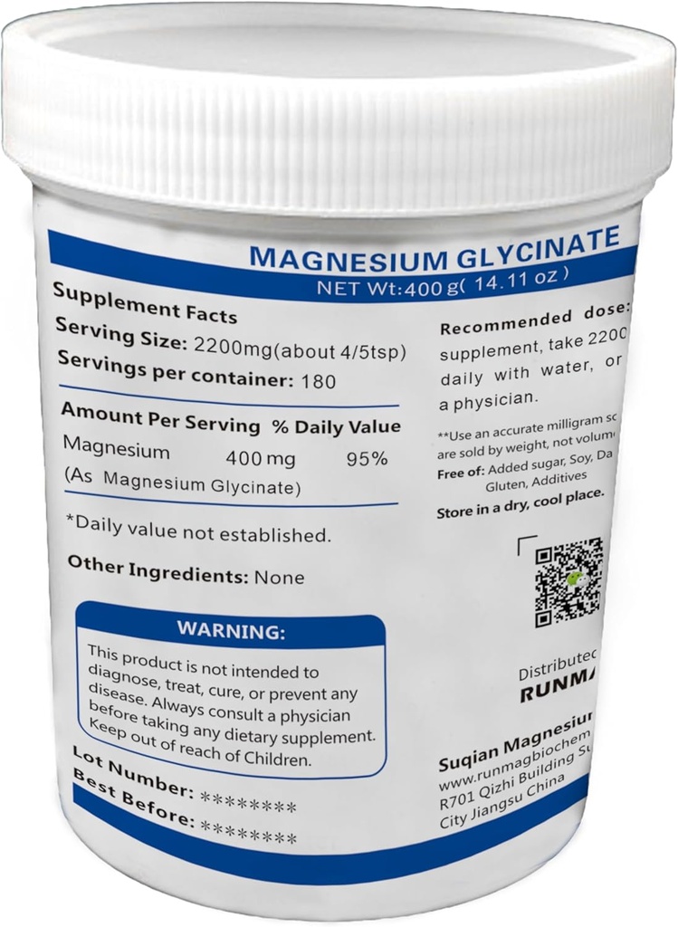 Fully Chelated Food Grade Magnesium Glycinate 400g, Non-GMO, Vegan