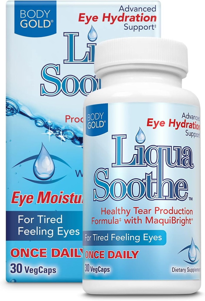 Body Gold Liqua Soothe Eye Health Supplement, Healthy Tear Production Formula for Dry, Tired Feeling Eyes, w/MaquiBright, Vitamin A, Lutein and Hyaluronic Acid, 60 Day Guarantee, 30 Serv, 30 VegCaps