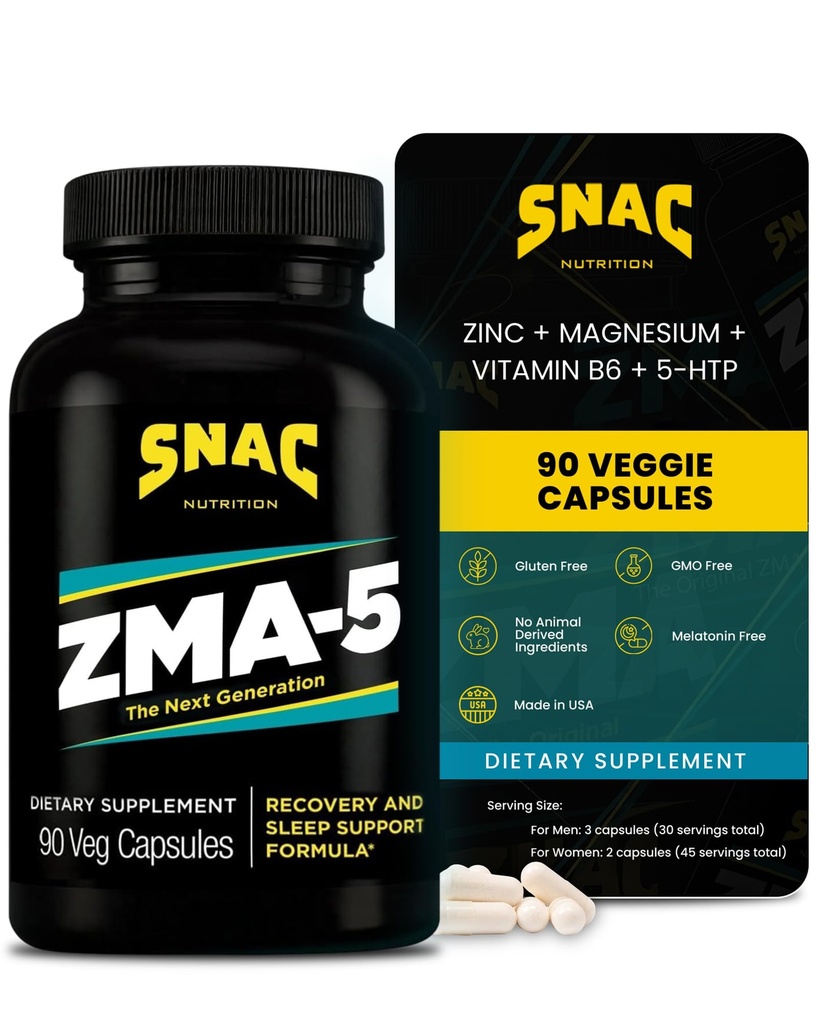 SNAC ZMA-5 Mineral Supplement - Supports Muscle Function, Restful Sleep, Immune Health and Relaxation with Zinc, Vitamin B6, Magnesium and 5-HTP for Sleep, Anxiety, Calmness - 90 Veggie Capsules
