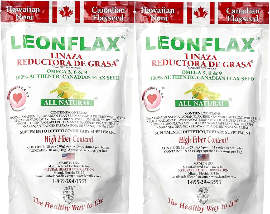 Leonflax 100% Authentic Canadian Flax Seed Powder, All Natural, High Fiber Content, Dietary Supplement to Improve Your Digestive Health, Omega 3, 6 & 9, 18 Oz, Bag (1) (2)