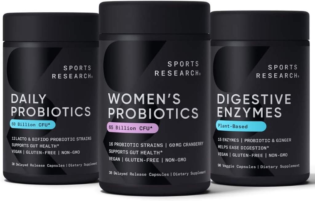 Sports Research All Vegan: Daily Probiotics with Prebiotics (60 Billion CFU), Digestive Enzymes with Probiotics & Ginger (Plant Based) & Women's Probiotics with Prebiotics (65 Billion CFU)