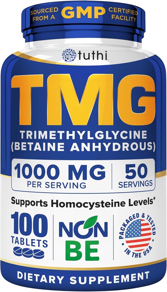 Tuthi TMG Supplement – 1000mg Trimethylglycine – Betaine Amino Acid for Cardiovascular Support and Healthy Homocysteine Levels – 100 Vegan Tablets – Gluten-Free, Non-GMO – Made in USA