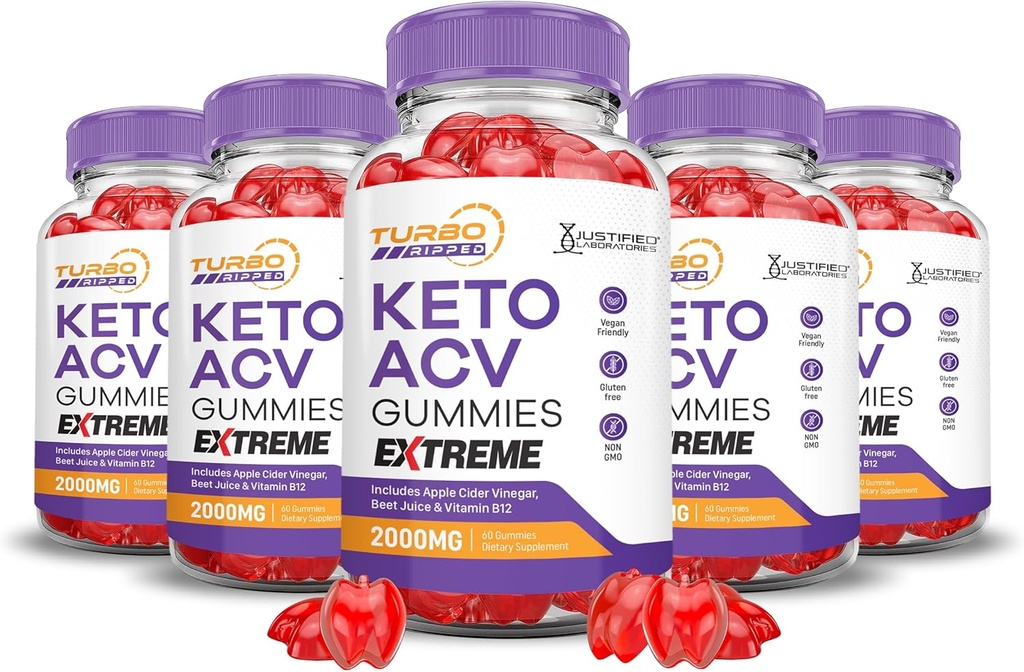 (5 Pack) Turbo Ripped Keto ACV Gummies Extreme 2000MG Turbo Ripped Keto Gummies Apple Cider Vinegar Formulated with Pomegranate Beet Juice Powder B12 Vegan Non GMO 300 Gummys