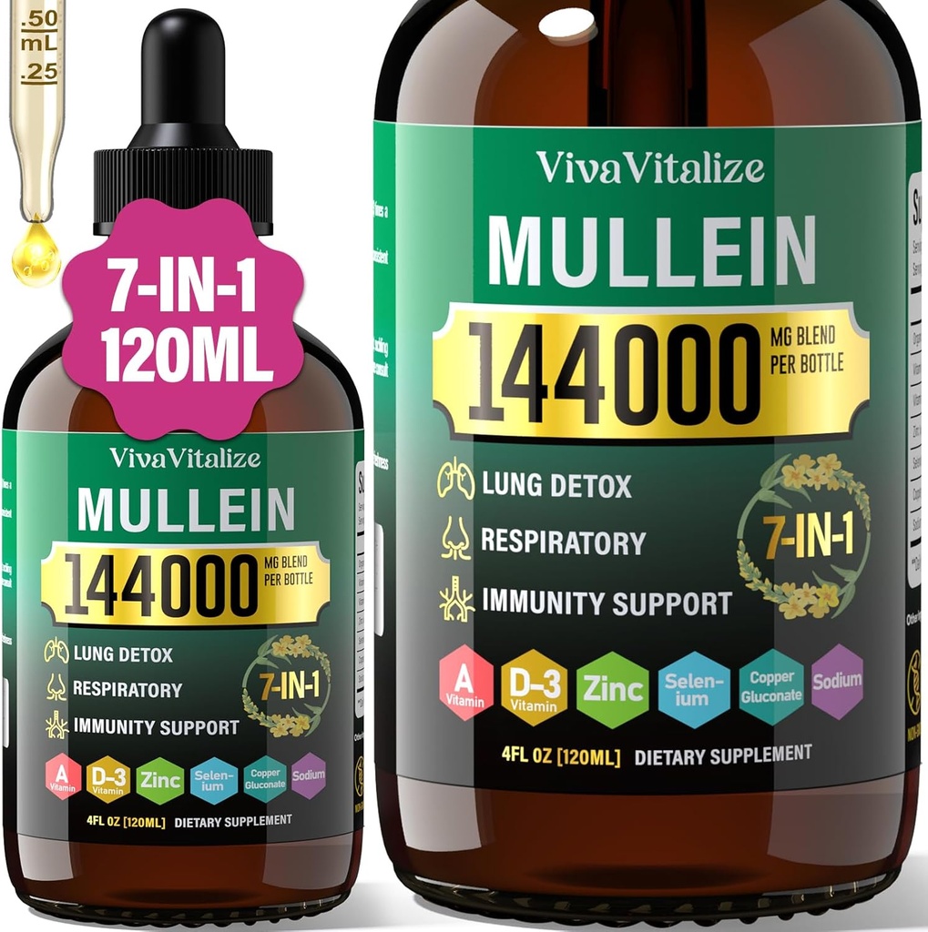 Mullein Drops for Lungs,144000mg Mullein Leaf Extract for Lungs Cleanse & Respiratory Function Healthy Breathing Immune, Digestive System, Natural Herbal Supplement Sugar & Alcohol-Free,120-Day Supply