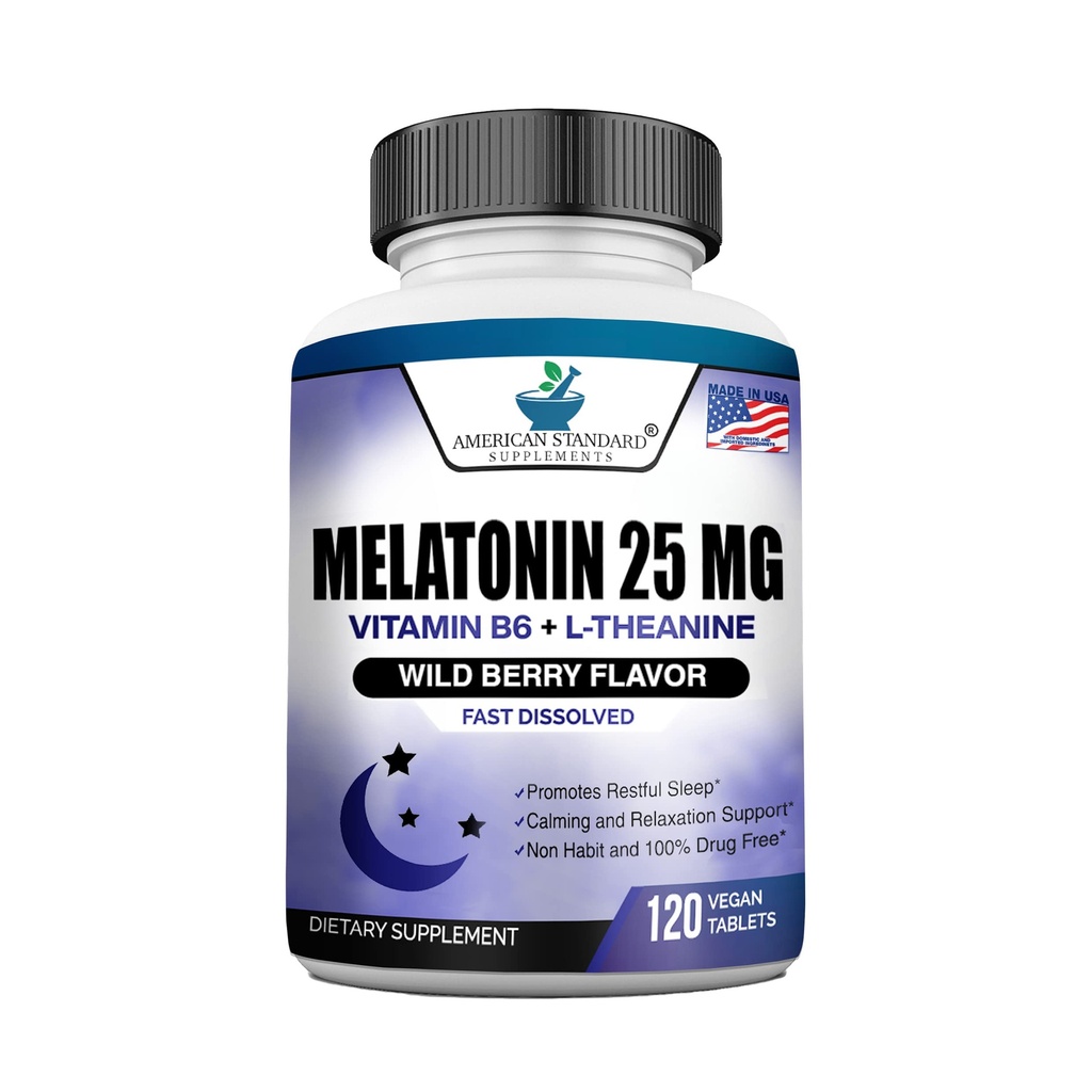 Melatonin 25mg Per One Tablet, 120 Chewable Tablet with L-Theanine & Vitamin B-6, Supports Healthy Sleep Cycle , Promotes Calming & Restful Sleep, Vegan, NON GMO, Made In USA