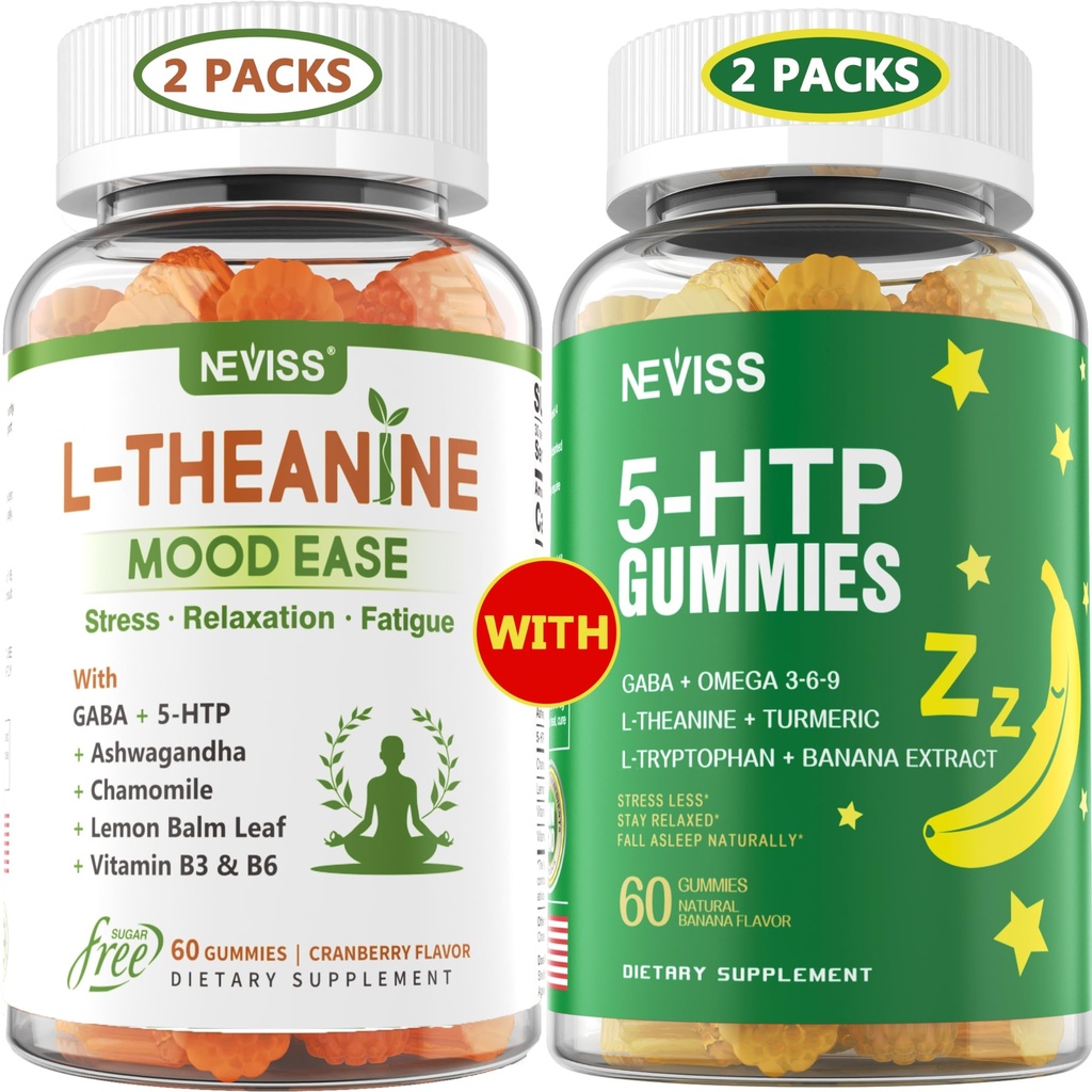 NEVISS Sugar Free L-Theanine Calm Gummies 120 Counts + Sugar Free 5-HTP Gummies 120 Counts