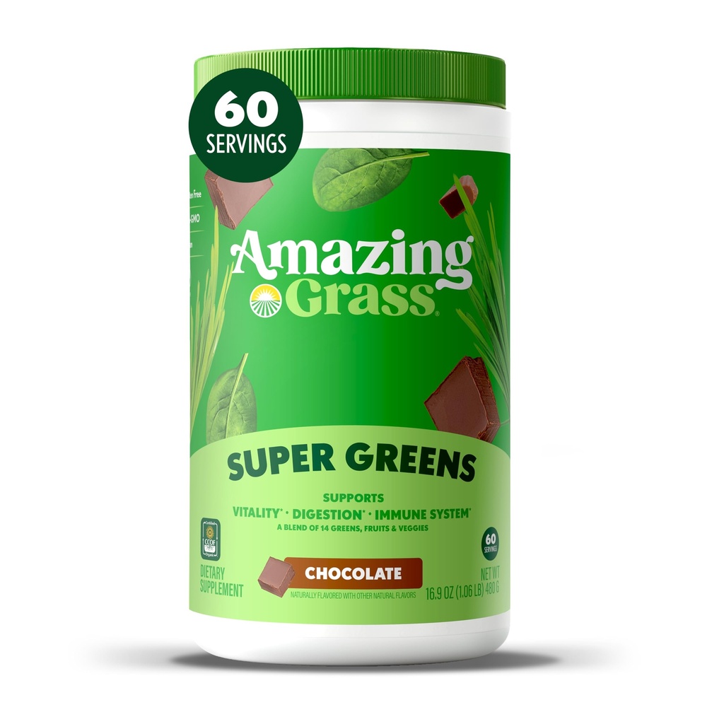 Amazing Grass Super Greens Powder, Organic, Greens Superfood Powder, Smoothie Supplements, Supports Digestion, Probiotics, Spirulina, Beet Root, Chocolate, 60 Servings, 16.9 Ounce (Packaging May Vary)