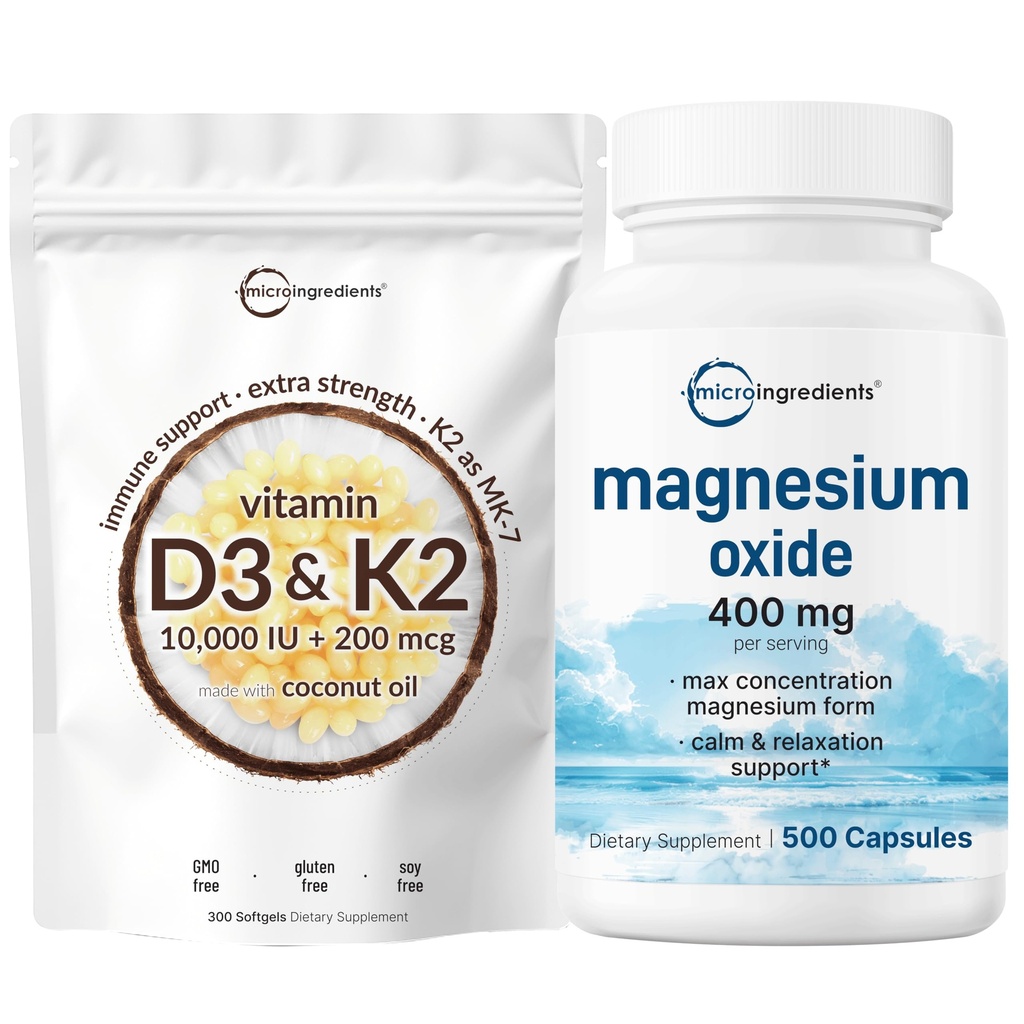 Micro Ingredients Vitamin D3 10,000iu + K2 200mcg Coconut Oil Softgels & Magnesium Oxide 400mg Bundle Pack | Essential Sunshine Vitamins | Elemental Form for Max Concentration