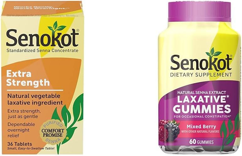 Senokot Extra Strength Natural Vegetable Laxative for Gentle Overnight Relief Occasional Constipation, 36 Count & Dietary Supplement Laxative Gummies, Natural Senna Extract, Gentle
