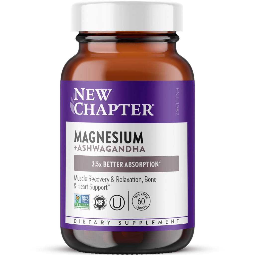 New Chapter Magnesium + Ashwagandha Supplement, 325 mg with Magnesium Glycinate for Muscle Relaxation & Recovery, Heart, Nerve & Bone Health, 2.5X Absorption, Non-GMO - 60 ct (2 Month Supply)