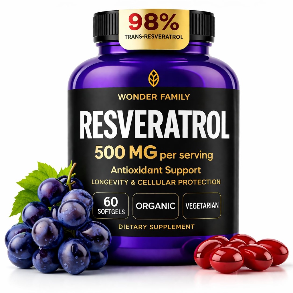 WONDER FAMILY Resveratrol Supplement 500mg – 98% Trans Resveratrol Organic Complex – NAD Resveratrol Antioxidants & Anti Aging Supplement for Heart Health, Wellness Formula, Healthy Cell Support