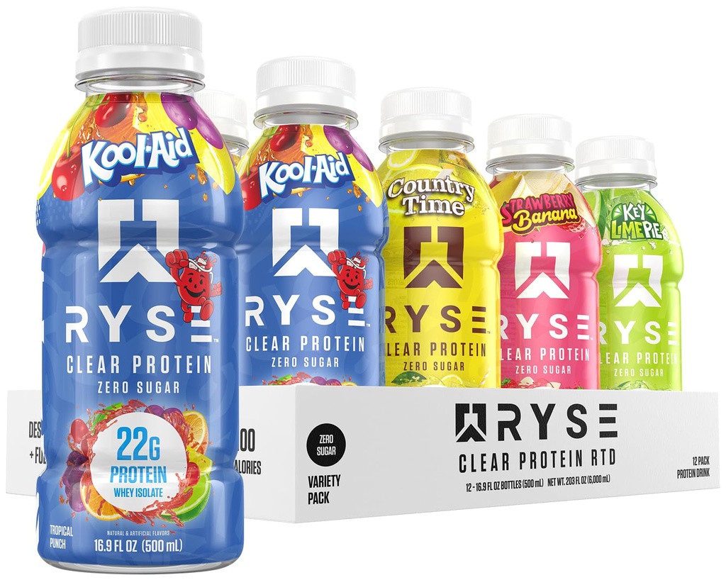 RYSE Clear Protein Drink - Variety Pack - 100 Calories, 22g Whey Isolate Protein Shake, Sugar-Free, 0g Fat & Lactose-Free - Refreshing Ready-to-Drink Beverage - 16.9 fl oz Bottles (12-Pack)