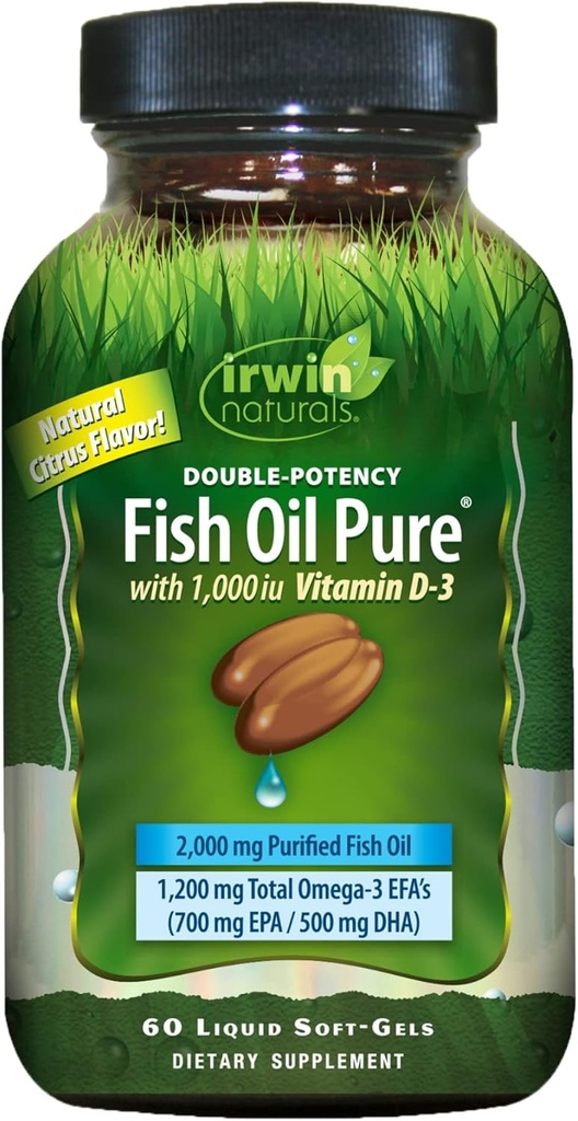 [BRSWIZIIO4PRMEI5] Double-Potency Fish Oil Pure by Irwin Naturals, Citrus Flavor with Vitamin D-3, 60 Liquid Soft-Gels