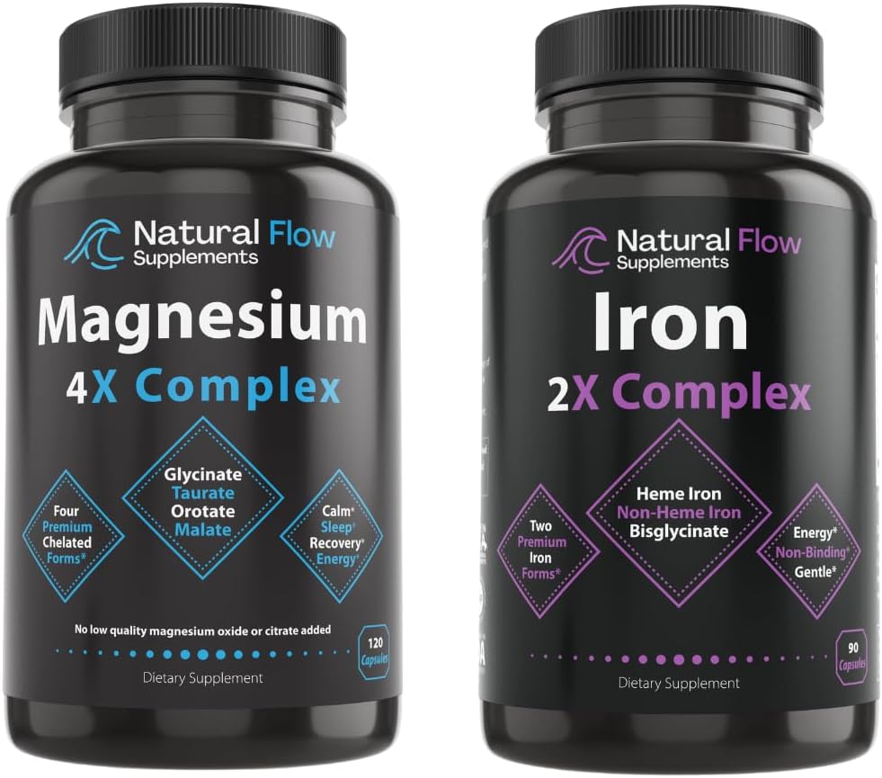 New Natural Flow 4X Magnesium Supplement and Iron Supplement 2-in-1 Complete Complex