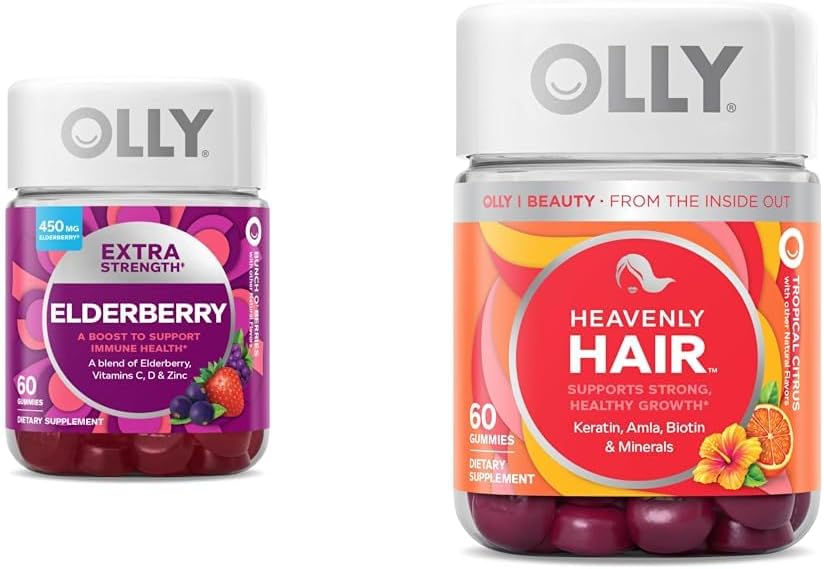 OLLY Extra Strength 450mg Elderberry Immune Gummies & Heavenly Hair Keratin Biotin Hair Gummies - 60 Count Each