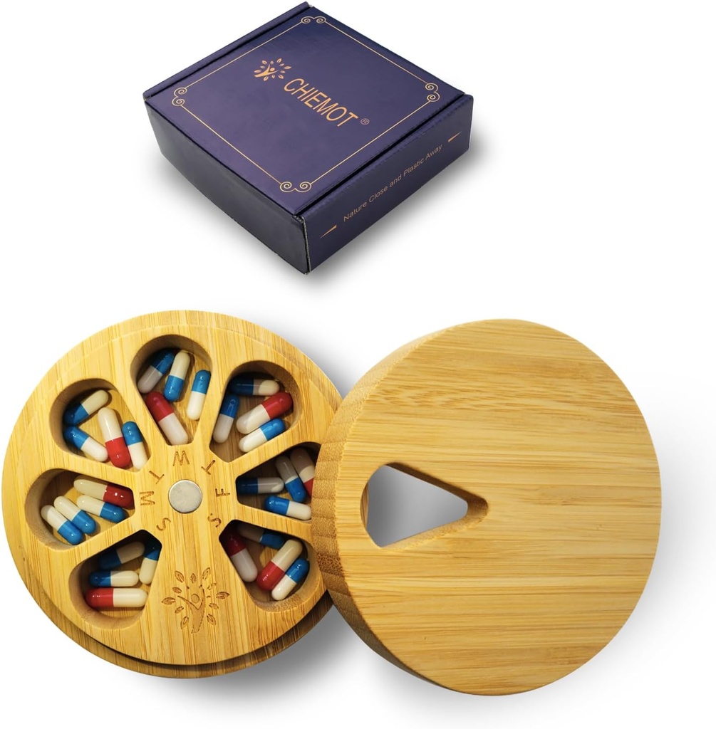 Bamboo Wood Weekly Pill Organizer for Medicine Vitamin Supplement, Arthritis Friendly 7-Day Pill Box Medium Container Holder, Daily Pill Case Keeper Dispenser