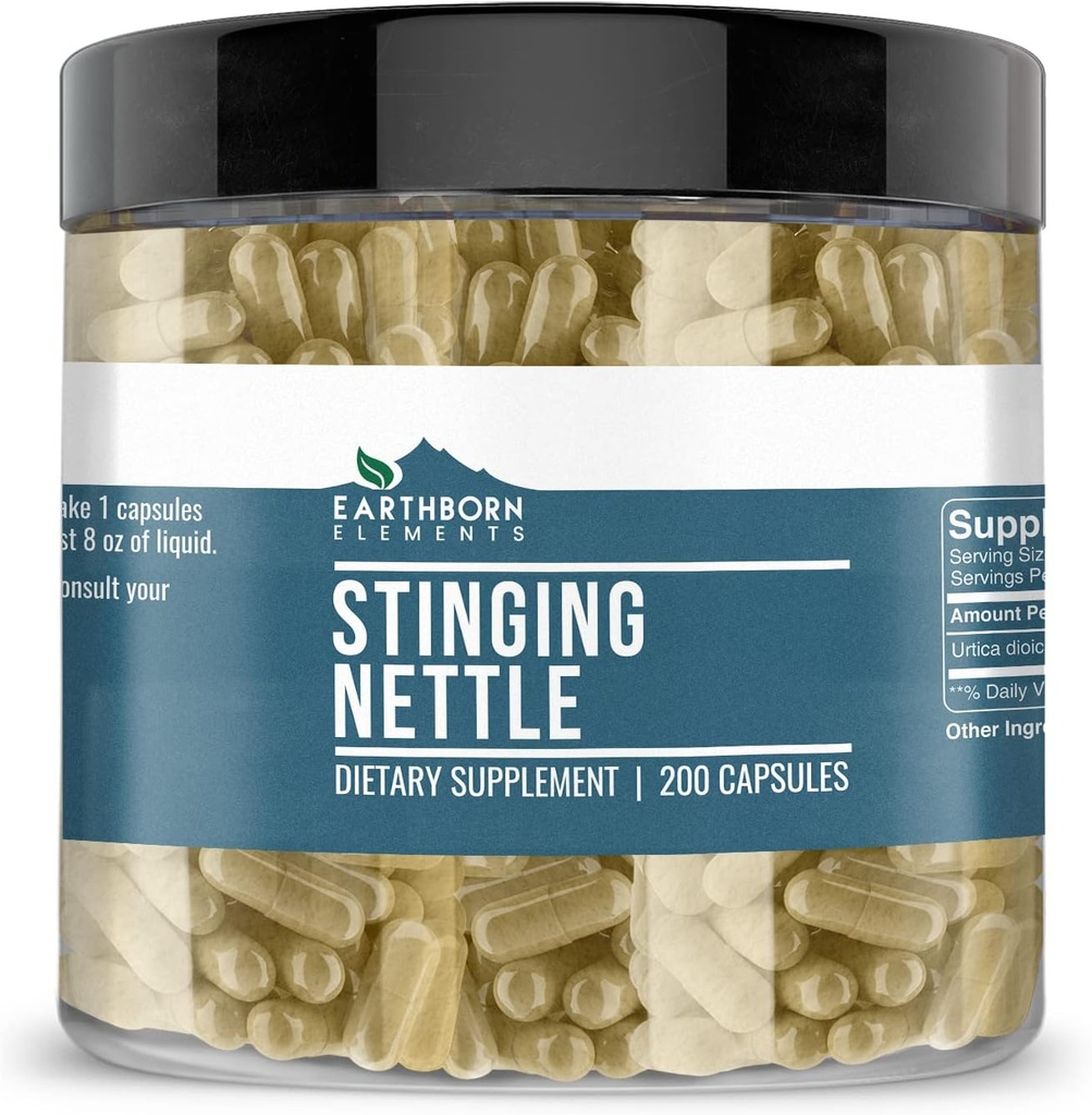 Earthborn Elements Stinging Nettle Leaf 200 Capsules, Pure & Undiluted, No Additives