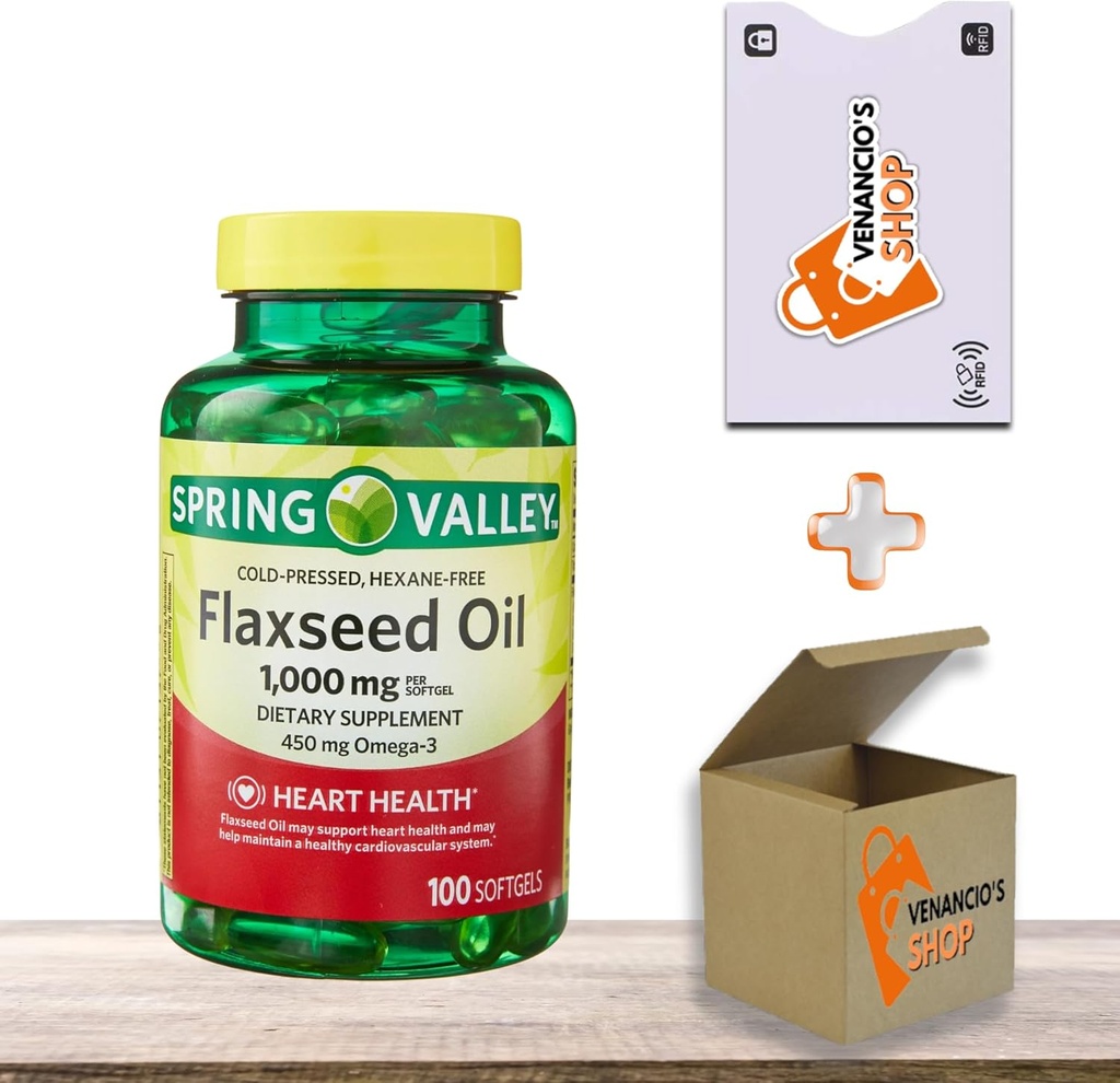 Flaxseed Oil 1000 mg Softgels • Plant-Based Omega 3-6-9 • Heart & Skin Support • 100 Count by Spring Valley + Vena’s Sticker (Pack of 1)