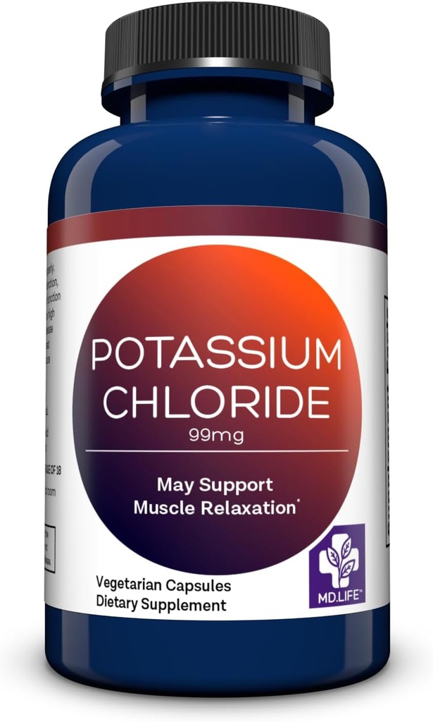 MD Life Potassium Chloride Supplement - Third Party Lab Tested - 99mg 90 Count - Potassium Chloride Capsules May Help Support Muscle Function & Healthy Blood Pressure Vegetarian Potassium Supplement