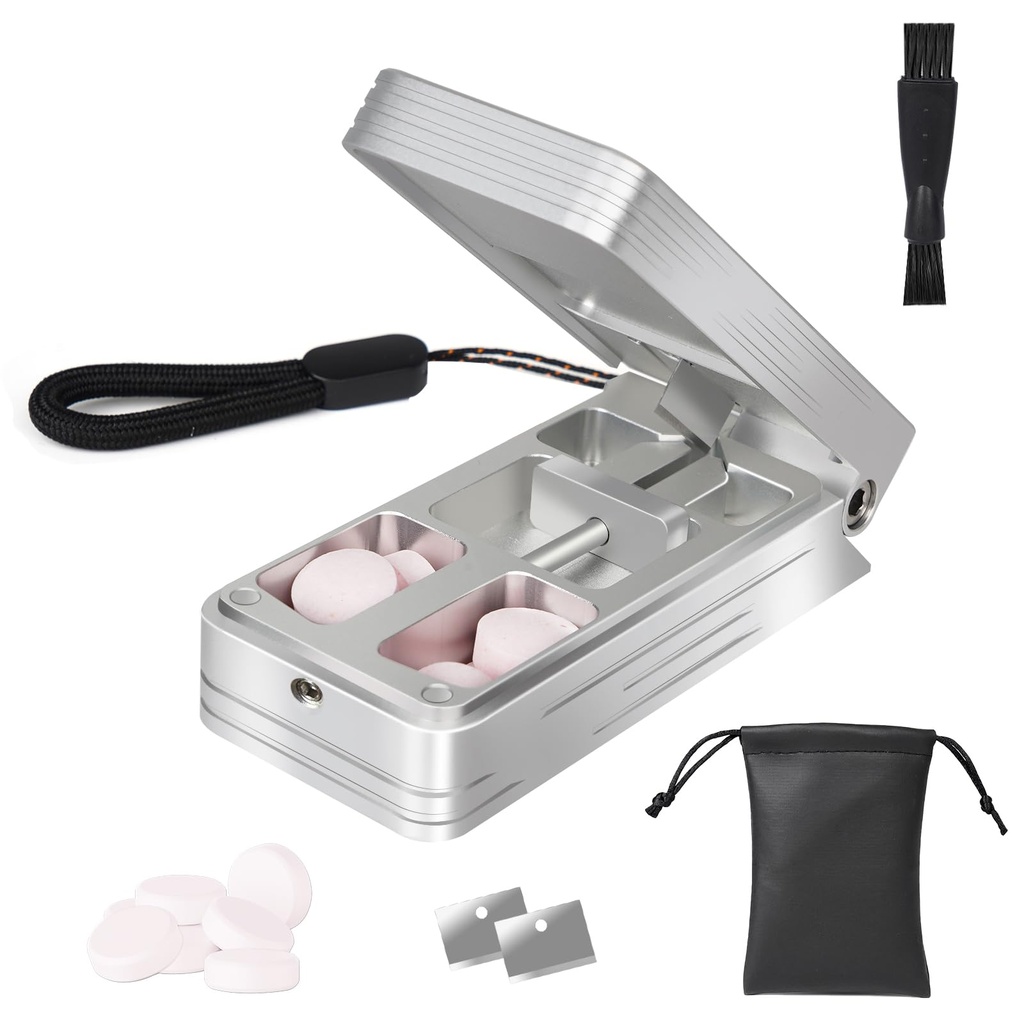 Pill Cutter for Small and Tiny Pills, Professional Aluminum Pill Splitter with Auto Centering Device and 2 Replaceable Stainless Steel Blades, Portable Pill Splitter with PU Case (Silver)