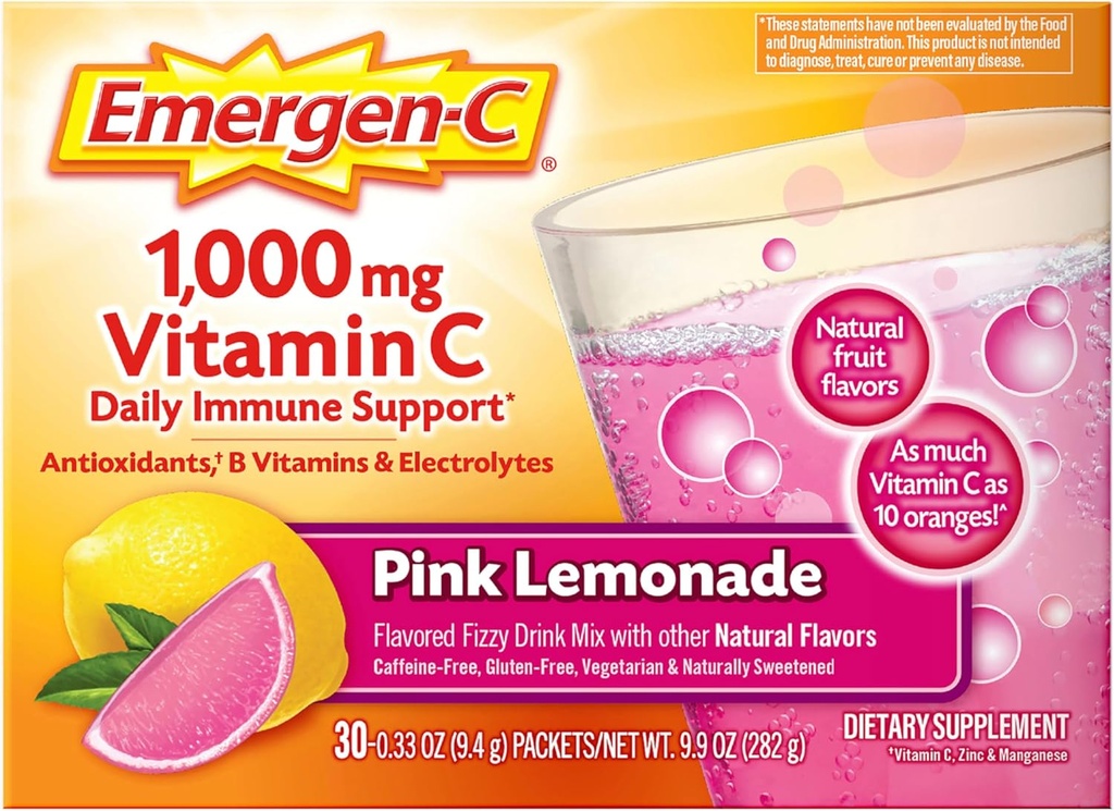 Emergen-C 1000mg Vitamin C Immune Support Powder Pink Lemonade 30CT includes Zinc, Manganese, 7 B Vitamins and Electrolytes for Back to School Essentials