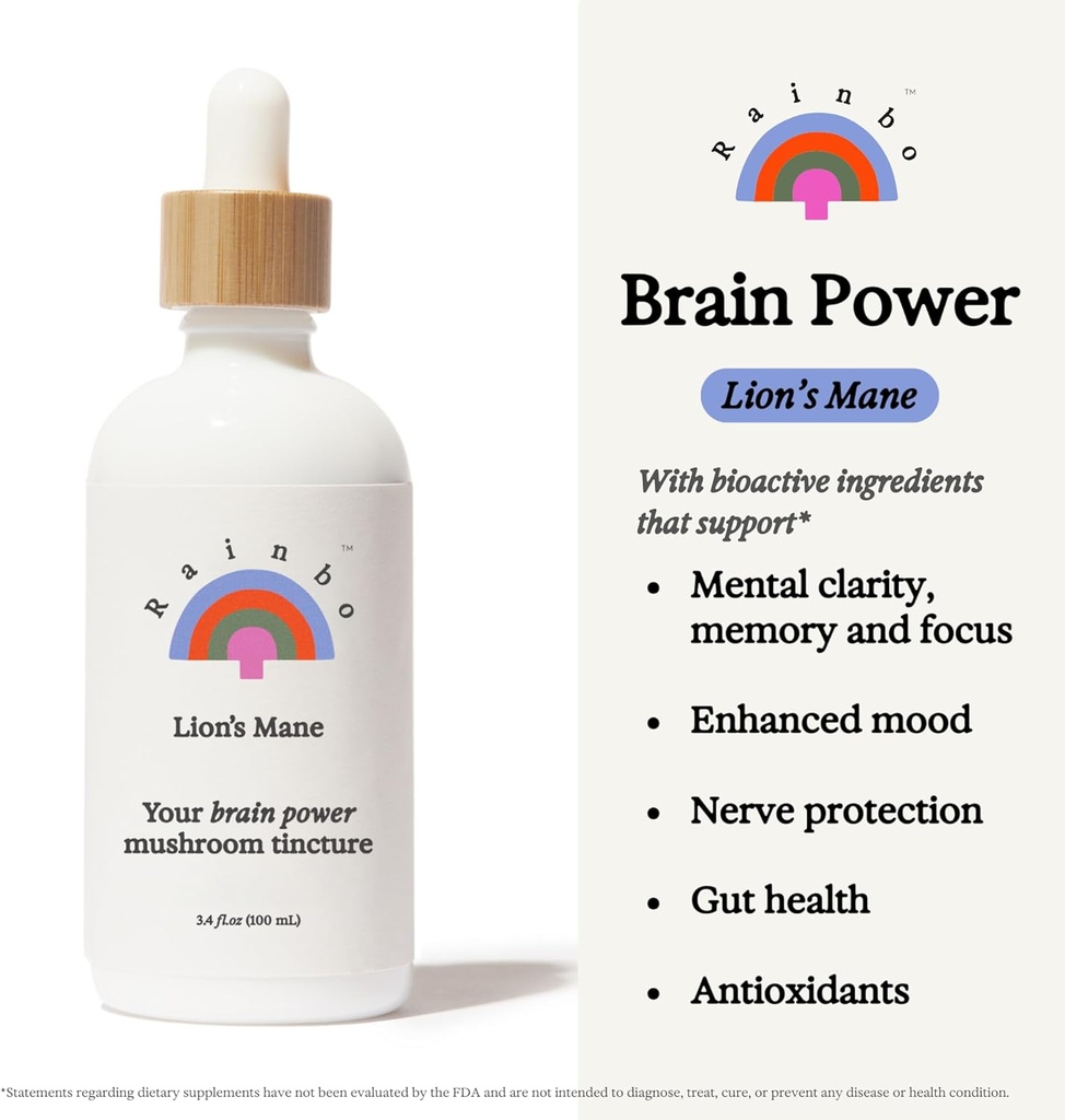 Rainbo - Lion's Mane Mushroom Tincture - Dual Extract Mushroom Supplement - Brain Support, Focus, Memory, Liquid Lion's Mane Supplement, Vegan, Non GMO, 3.4 fl oz