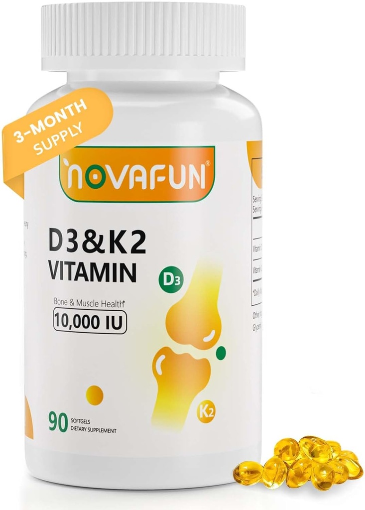 D3 K2 Vitamin 10000 IU + MK-7 200mcg Softgels, K2 D3 Vitamin Supplement with Coconut Oil for Bone, Teeth Health, Support Muscle & Heart Health, 90 Count