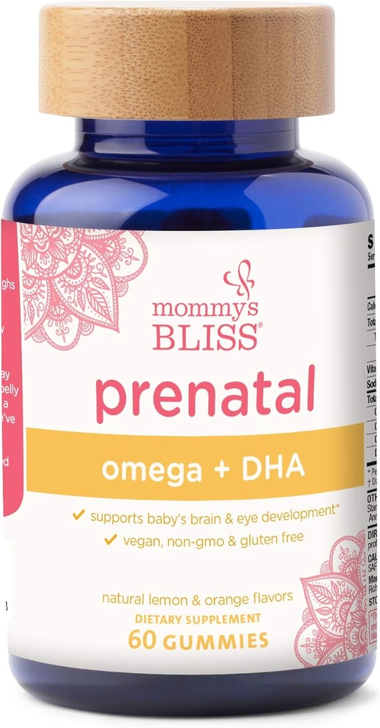 Mommy's Bliss Prenatal Vitamin with Omega & DHA: Supports Baby's Brain & Eye Development with Vitamin C, Omega 3, 6, 9, & DHA, Vegan, Gluten Free, Non-GMO, 60 Gummies (20 Servings)