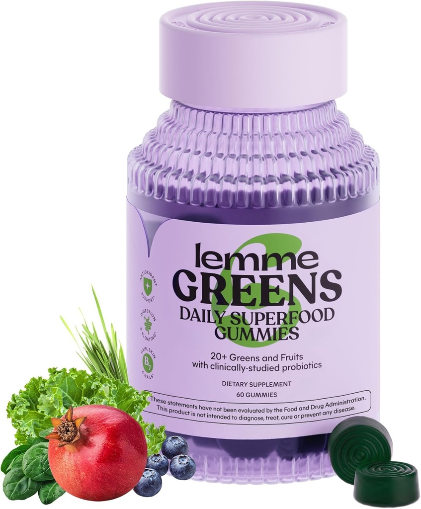 Lemme Greens Superfood Gummies w/Multi - Support Gut Health & Reduce Bloating, 20+ Organic Greens and Superfruits, Clinically Studied Probiotics, D3, B12 - Berries & Greens Flavored (60 Count)