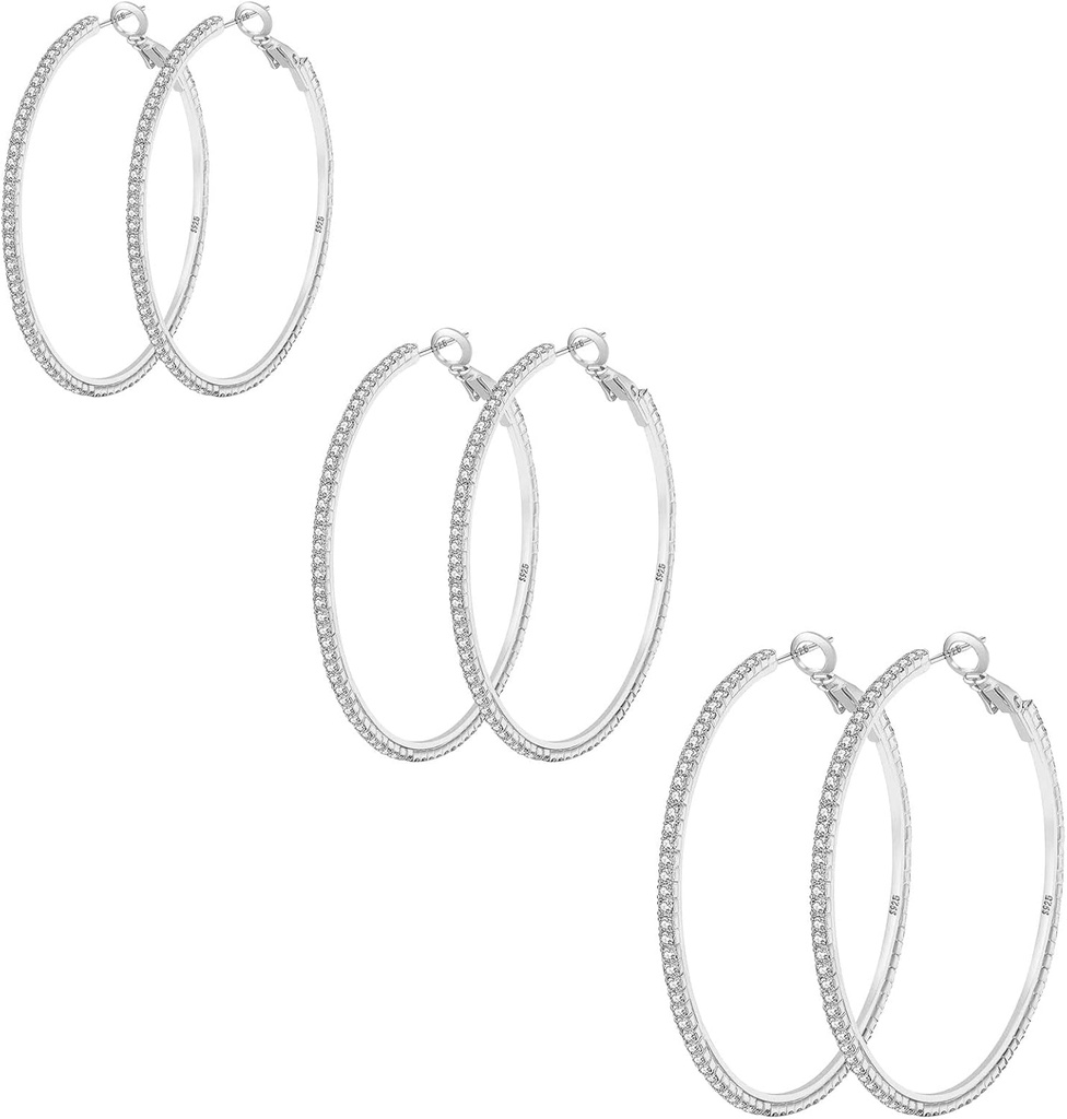 [BRSRMBQ7CMNWCDLU] 925 Sterling Silver Earrings Large Rhinestone Hoop Earrings Big Cubic Zirconia Hoop Earrings Thin Rhinestones Round Hoop Earrings for Women 20/30/40/50/60/70mm Sparkly Hoops With Crystals for Womens