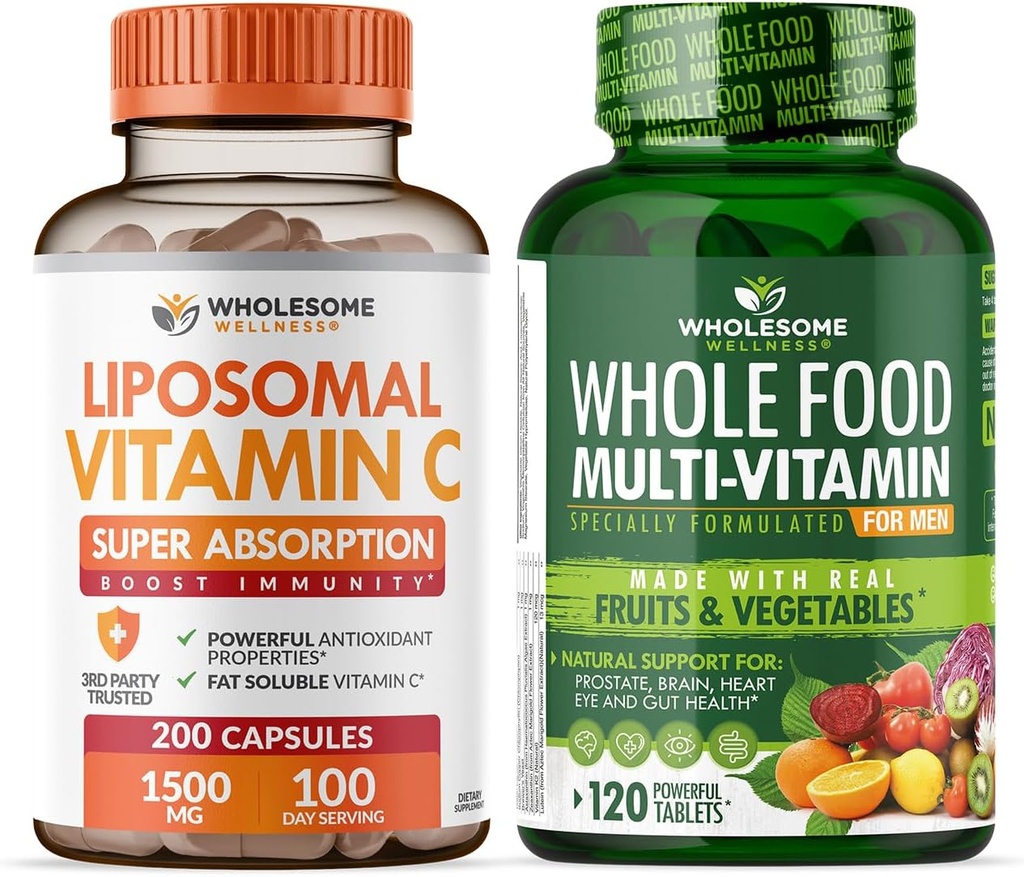 Wholesome Wellness Liposomal Vitamin C Capsules (200 Pills 1500mg Buffered) High Absorption + Food Multivitamin for Men - Natural Multi Vitamins, Minerals, Organic Extracts Bundle