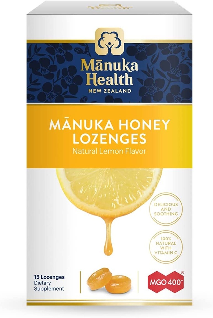 Manuka Health Manuka Honey Lozenges – 15 Lemon Flavored Lozenges – Natural Throat Lozenges Infused with Raw Manuka Honey and Vitamin C for Immune Support