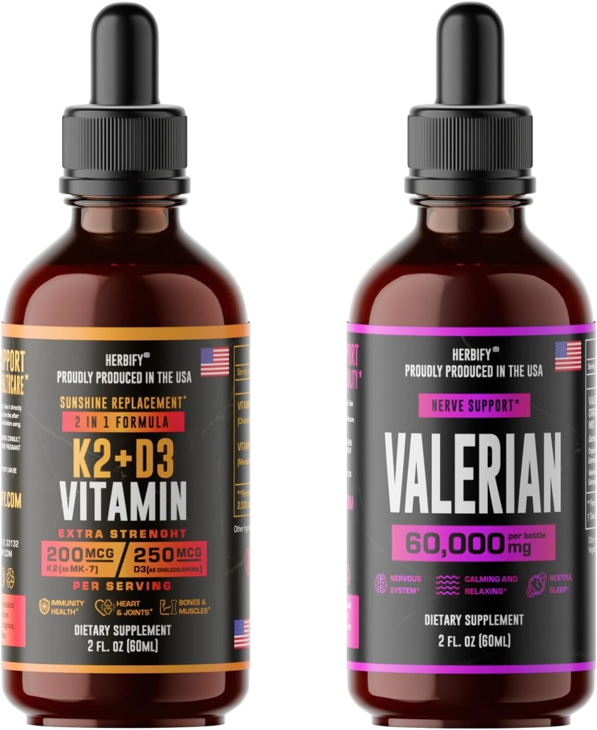 HERBIFY Bundle - K2 and D3 Drops & Valerian Root Tincture - Bone Strength & Nervous System Support