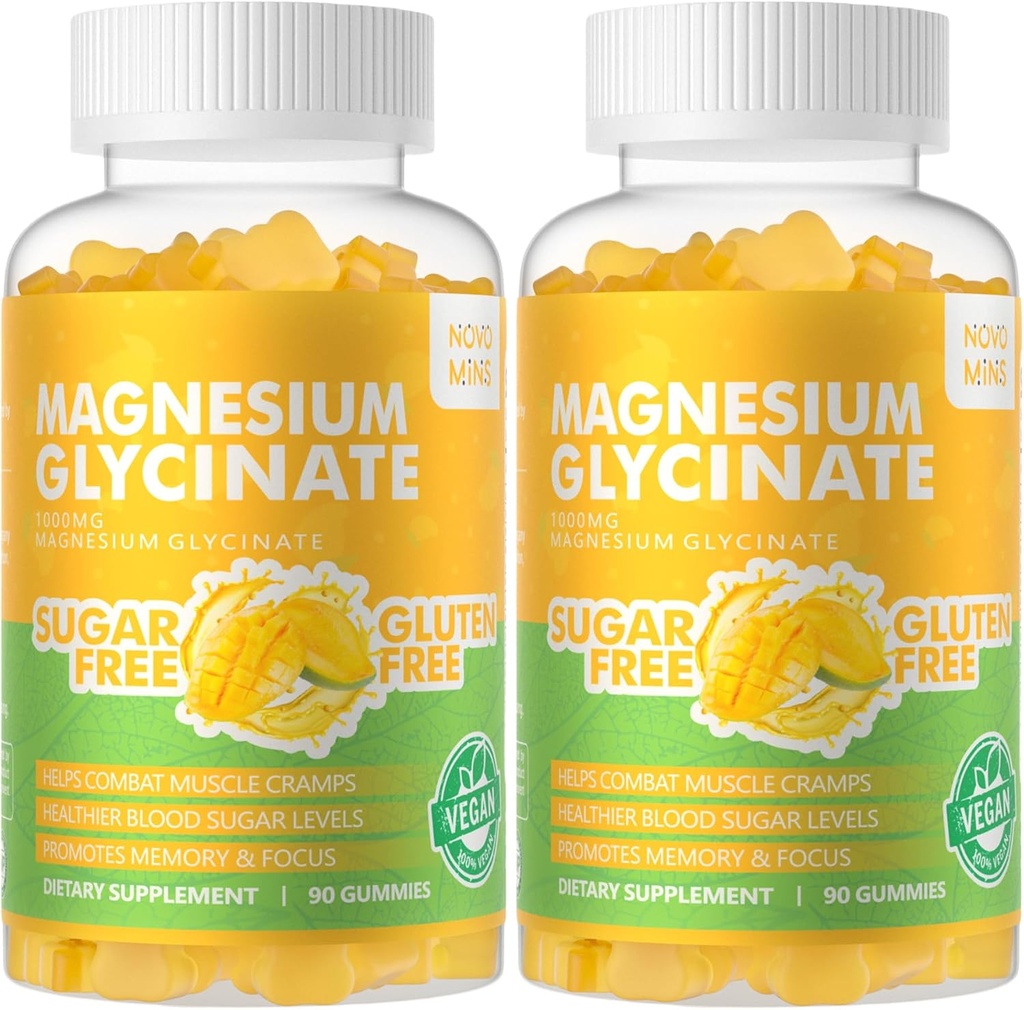 Magnesium Glycinate Gummies 1000mg - Sugar Free Magnesium Potassium Supplement with Vitamin D, B6, CoQ10 for Calm Mood & Sleep Support - 180 Mango Pineapple