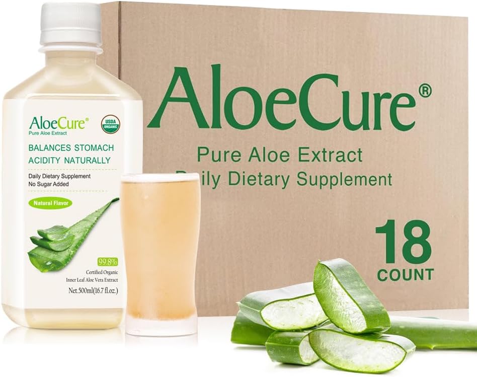 AloeCure USDA Organic Aloe Vera Juice Made Within 12 Hrs of Harvest - Pure Aloe Juice Natural Digestive Supplement to Support Digestion, Immune System and Balanced Stomach Acidity, 18 x 500ml Bottles