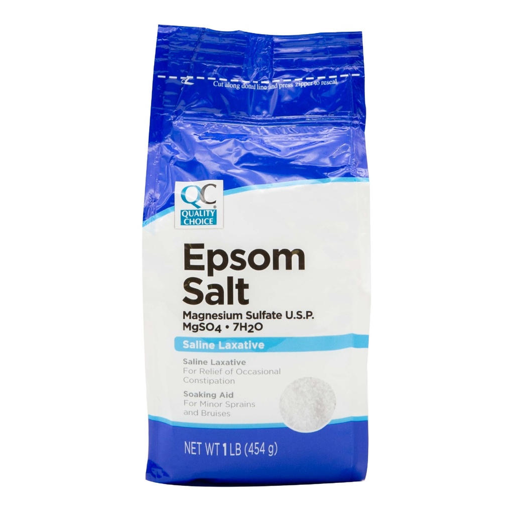 Quality Choice Epsom Salt, Magnesium Sulfate, Soaking Solution for Aches, Pains, Sprains or Bruises. Dual Purpose as Saline Laxative When Dissolved in A Drink as Instructed. 1 Pound Bag.