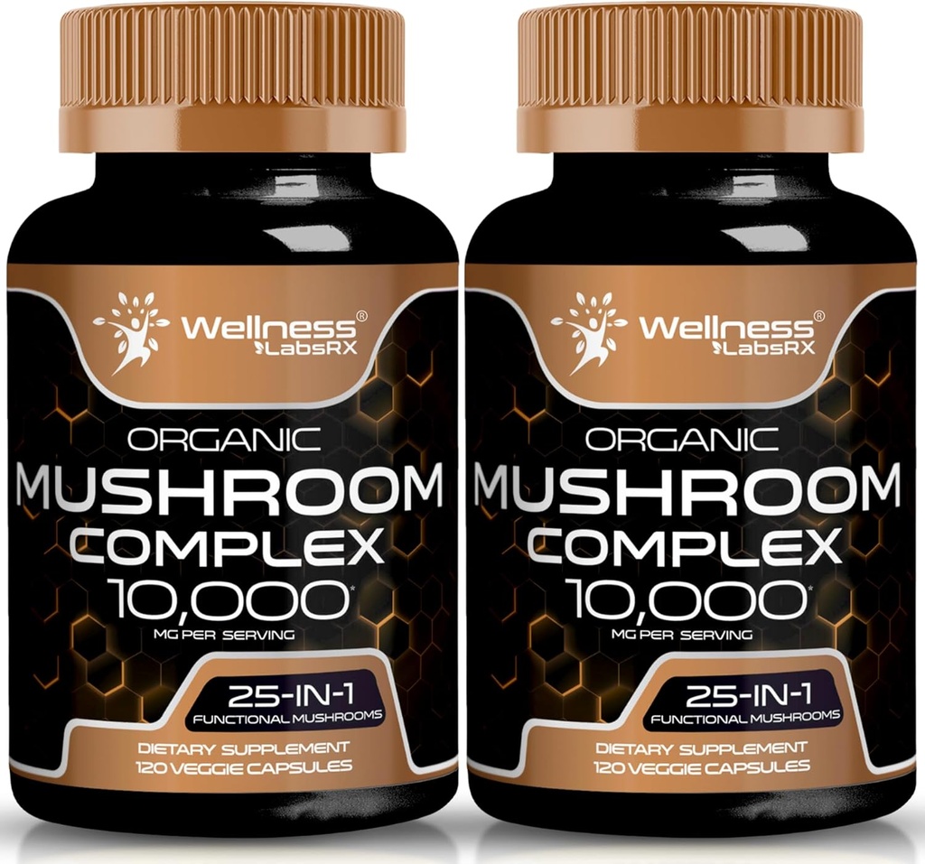 Mushroom Supplement Capsules 10:1 Extract, Mushroom Complex Capsules 1000mg, Lions Mane Supplement with Turkey Tail, Cordyceps, Reishi - 2 Pack