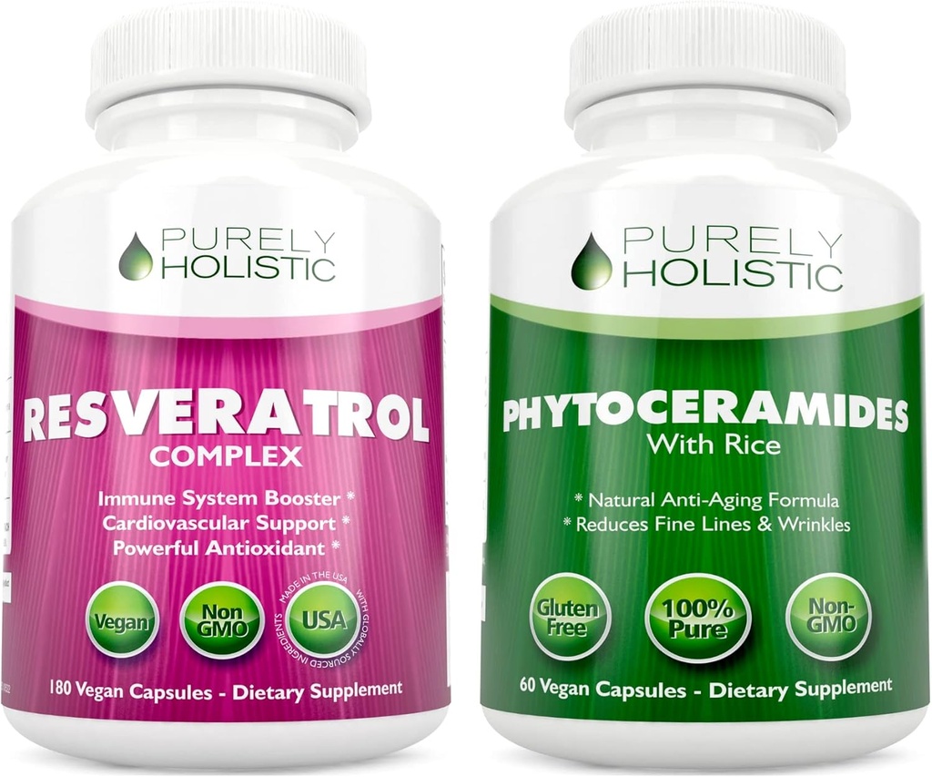 Purely Holistic Resveratrol 1450mg + Phytoceramides Skin Therapy - Vegan Bundle - 180 + 60 Capsules - Packed with Potent Antioxidants - Made in USA