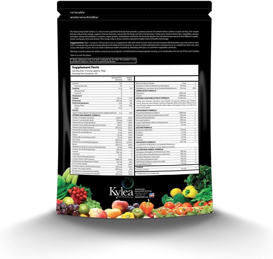 Total Living Drink Greens Superfood Powder - (2.65 lbs Bag, 30 Servings, 60 Ingredients) - Enzymes, Antioxidants, Herbs, Probiotics, Vitamins and Minerals.
