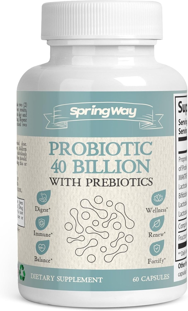 Spring Way Probiotic with Organic Prebiotics, 40 Billion CFU, Gut Flora and Digestive Balance Support, Non-GMO, 60 Vegan Capsules, Adult Daily Supplement