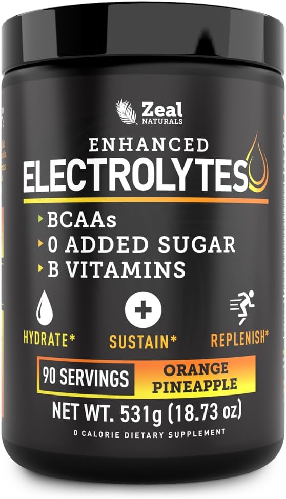 Zeal Naturals Electrolyte Powder Recovery Drink (90 Servings | Orange Pineapple) w/ 0 Sugar +BCAAs +B-Vitamins Electrolyte Supplement w Potassium Zinc & Magnesium for Hydration - Keto Electrolytes