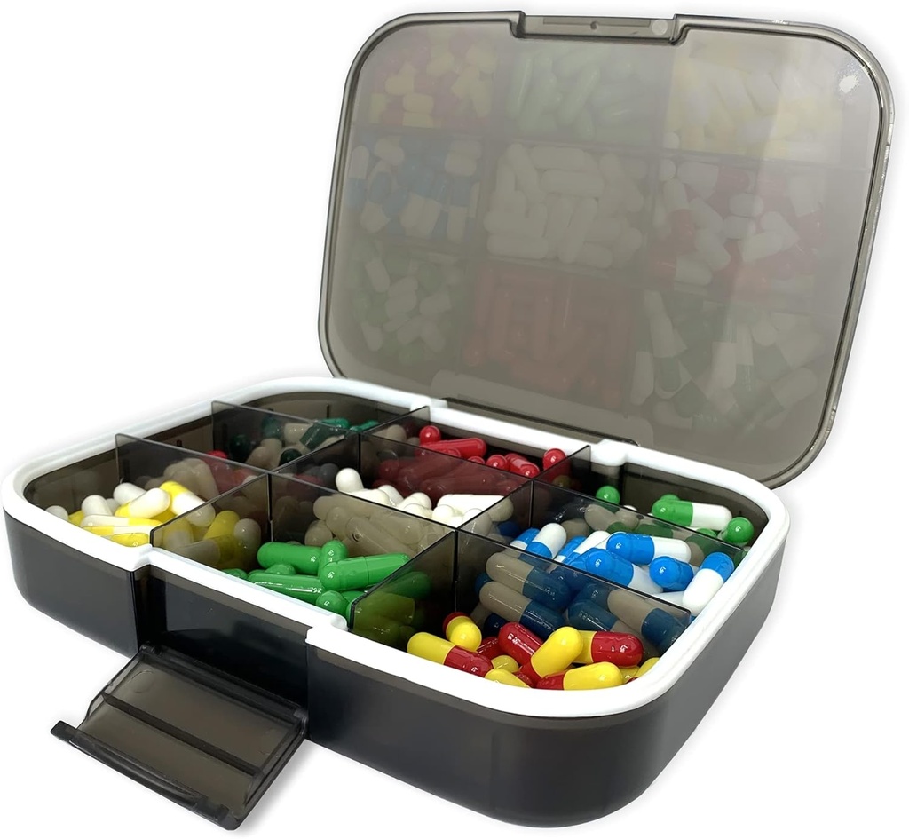 Large Pill Organizer, 7.7x5.7" Travel Vitamin Box Lightproof 9 Compartments Portable Pill Cases Supplements Dispenser Moisture Proof Pill Holder Medicine Container
