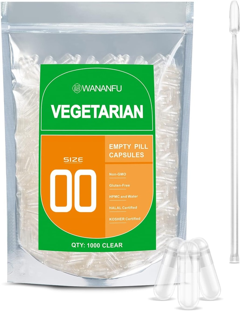 wananfu Size 00 Empty Capsules Vegetarian (1000 Count) Bundle with Micro Lab Spoon, Clear Fillable Veggie Pill Capsules 00 for Making Your Own Supplements