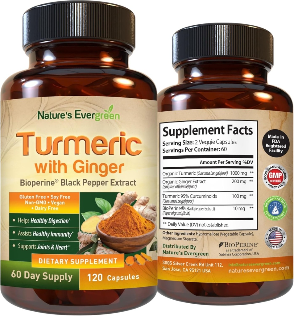 Turmeric with Ginger Root Joint Support Supplement | Turmeric Curcumin Supplement 95% Curcuminoids | Contains Organic Turmeric & Ginger with Black Pepper Extract for Max Absorption. 120 Capsules