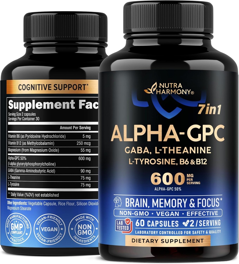NUTRAHARMONY Alpha GPC Supplement with L-Theanine | L-tyrosine | Vitamin B6 & B12 - Alpha GPC 600 mg - for Men & Women - Made in USA - 60 Caps