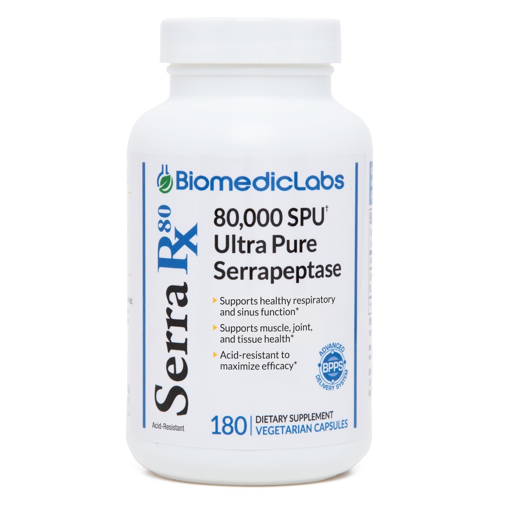 Serra-RX 80,000 SU Serrapeptase - Acid-Resstant Proteolytic Systemic Enzyme, Non-GMO, Gluten Free, Vegan, Supports Sinus & Lung Health, 180 Veg Capsules