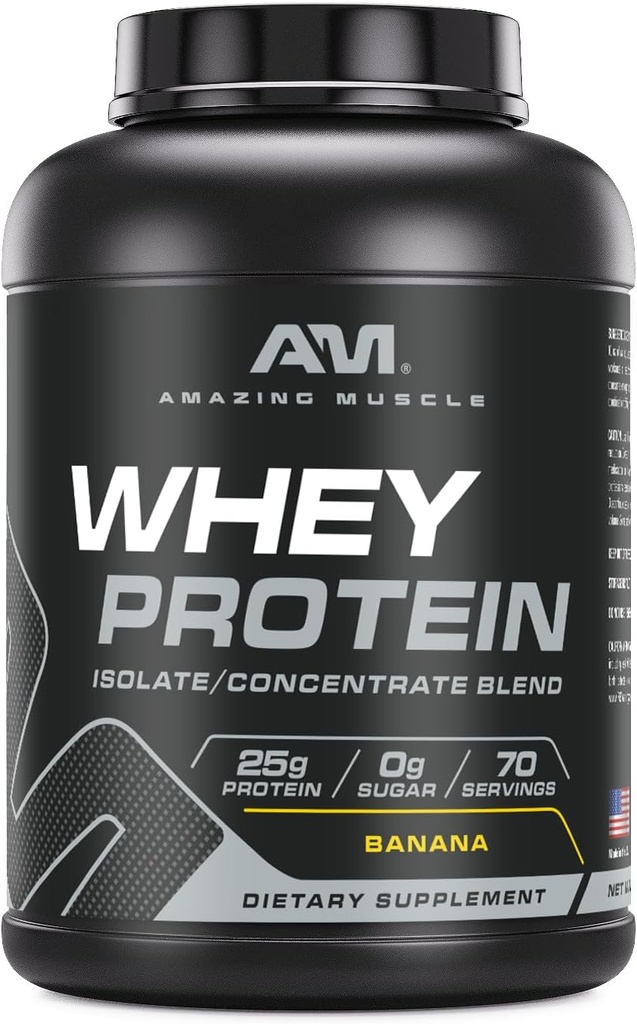 Amazing Muscle 100% Whey Protein Powder *Advanced Formula with Whey Protein Isolate as a Primary Ingredient Along with Ultra Filtered Whey Protein Concentrate (Banana, 5 Lb)